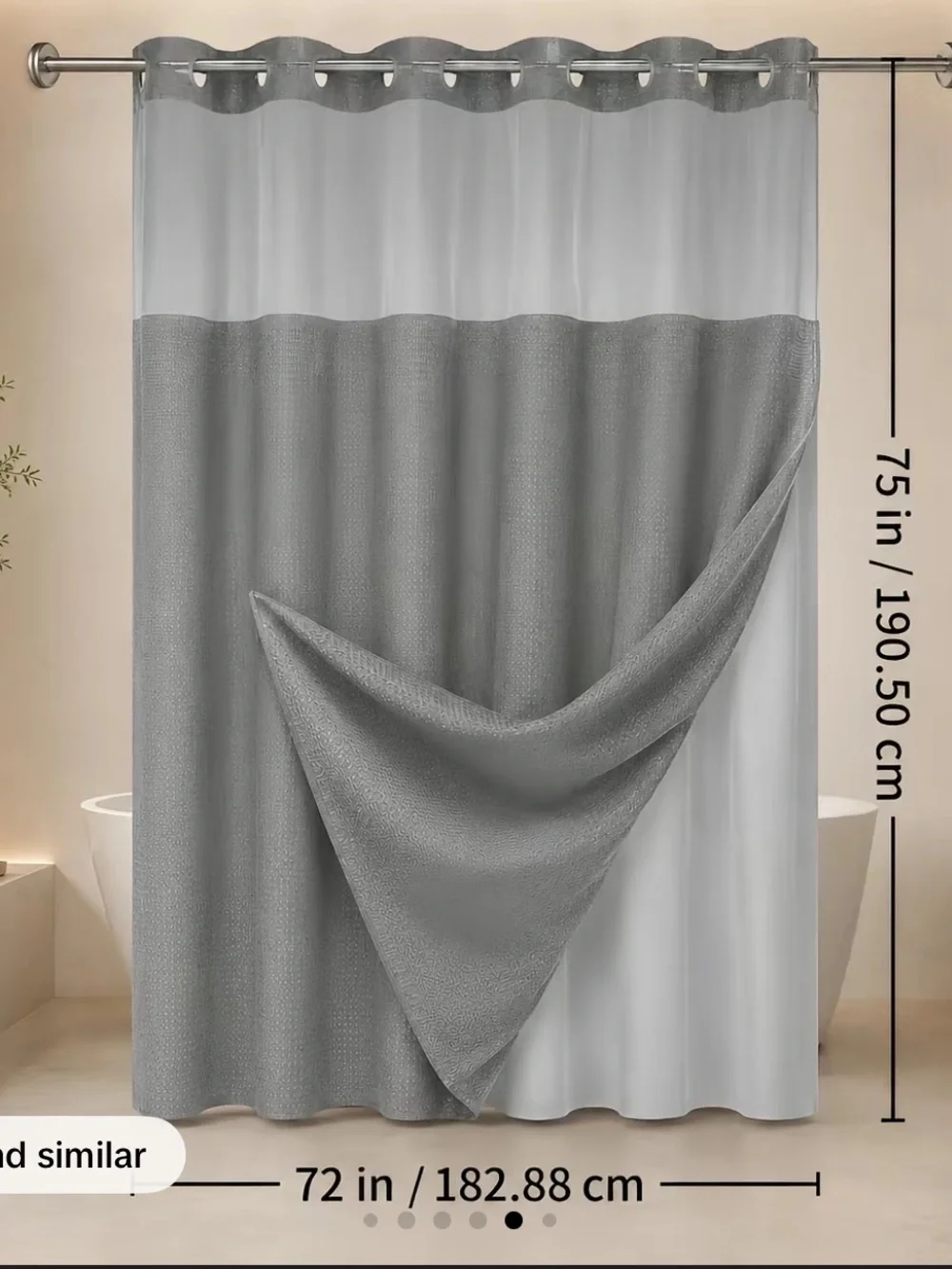 Gray Waffle Weave Hookless Shower Curtain Set with Snap-In Liner (72